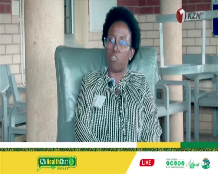 A woman in a striped shirt sits in a chair, speaking. The KZN HealthChat logo appears at the bottom of the screen. A woman in a striped shirt sits in a chair, speaking. The KZN HealthChat logo appears at the bottom of the screen.