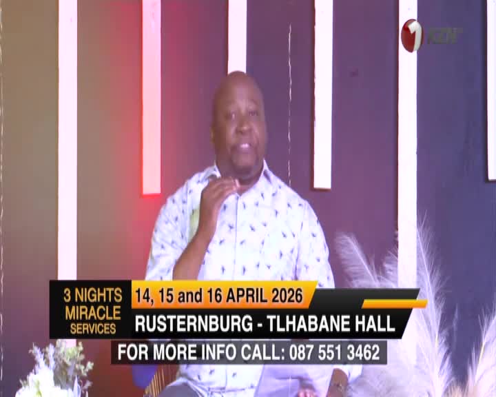 A man stands before a dark backdrop with vertical white and pink lights, speaking into a microphone. Text at the bottom announces "3 NIGHTS MIRACLE SERVICES" in Rustenburg from April 14-16, 2026, with a contact number for more information. A man stands before a dark backdrop with vertical white and pink lights, speaking into a microphone. Text at the bottom announces "3 NIGHTS MIRACLE SERVICES" in Rustenburg from April 14-16, 2026, with a contact number for more information.