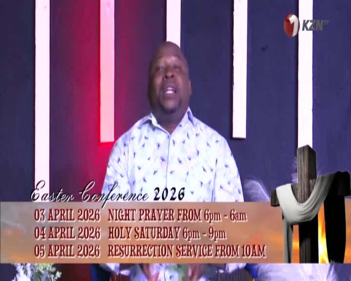 A man speaks passionately in front of a backdrop of red and blue lights. A KZN TV logo sits in the corner, and below him, the dates and times for an Easter Conference in 2026 are displayed. A man speaks passionately in front of a backdrop of red and blue lights. A KZN TV logo sits in the corner, and below him, the dates and times for an Easter Conference in 2026 are displayed.