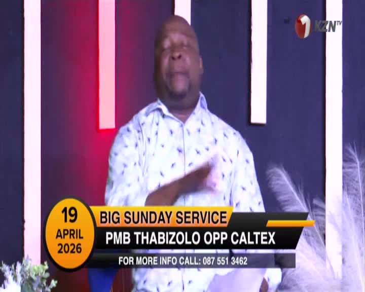 A man in a patterned shirt speaks with his hand raised, a KZN TV logo visible in the background. Text on screen announces a "BIG SUNDAY SERVICE" on April 19, 2026, in PMB Thabizolo, opposite Caltex. A man in a patterned shirt speaks with his hand raised, a KZN TV logo visible in the background. Text on screen announces a "BIG SUNDAY SERVICE" on April 19, 2026, in PMB Thabizolo, opposite Caltex.