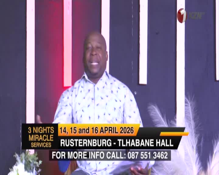 A man in a patterned shirt speaks with his hands outstretched. The screen displays details for "3 Nights Miracle Services" in Rustenburg, South Africa, with a 1KZN TV logo visible. A man in a patterned shirt speaks with his hands outstretched. The screen displays details for "3 Nights Miracle Services" in Rustenburg, South Africa, with a 1KZN TV logo visible.