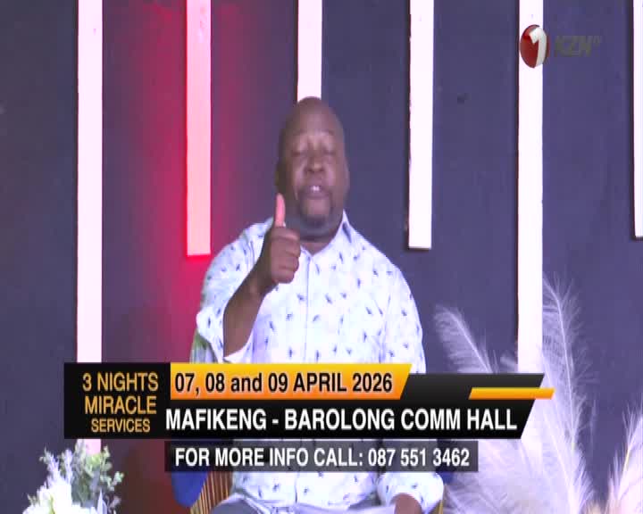 A man in a patterned shirt gives a thumbs-up on a stage. Text at the bottom of the screen announces "3 Nights Miracle Services" in Mafikeng. A man in a patterned shirt gives a thumbs-up on a stage. Text at the bottom of the screen announces "3 Nights Miracle Services" in Mafikeng.