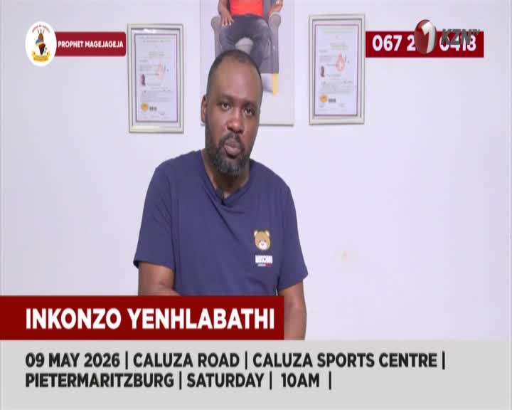 A man with a beard and a dark blue t-shirt stands before a white wall, a logo for "Prophet Magegeja" visible on the left. A red banner below him announces "INKONZO YENHLABATHI" with event details for Pietermaritzburg.