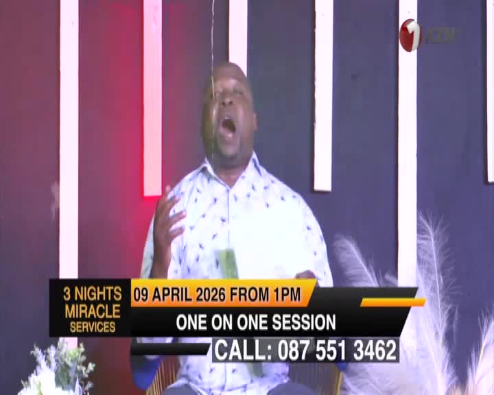 A man in a patterned shirt throws his head back, mouth open, as a thin stream of liquid falls from above. The 1KZN TV logo is visible in the corner, and text announces "3 NIGHTS MIRACLE SERVICES."