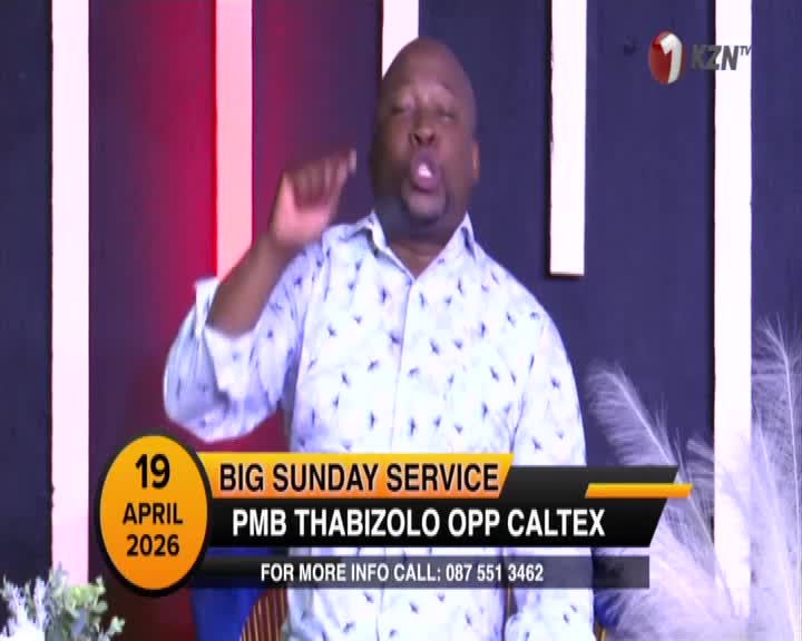 A man in a patterned shirt speaks with his fist raised, a KZN TV logo visible. Text below announces a "BIG SUNDAY SERVICE" in PMB Thabizolo, opposite Caltex, on April 19, 2026.