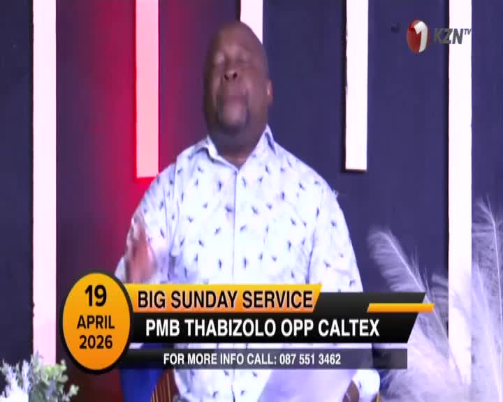 A man in a patterned shirt speaks with his eyes closed, his hands gesturing. A banner below him announces a "BIG SUNDAY SERVICE" in PMB Thabizolo, opposite Caltex.