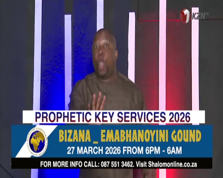 A man in a brown shirt speaks with his hands raised, a KZN TV logo visible in the background. Text announces "Prophetic Key Services 2026" and event details for Bizana.