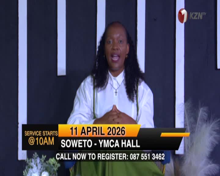 A woman speaks into a microphone, her hands clasped in front of her. A graphic overlay announces a service starting at 10 AM on April 11, 2026, at the Soweto YMCA Hall.