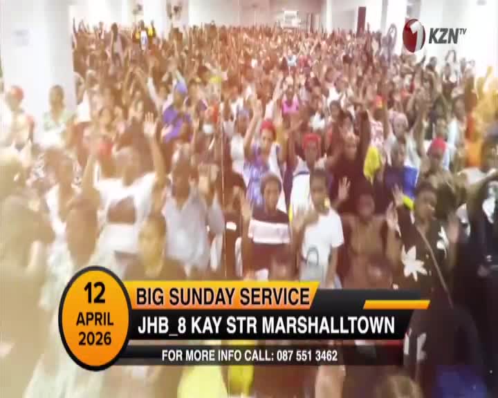 A large crowd lifts their hands in unison during a Big Sunday Service in Marshalltown, Johannesburg. The KZN TV logo appears in the corner. A large crowd lifts their hands in unison during a Big Sunday Service in Marshalltown, Johannesburg. The KZN TV logo appears in the corner.