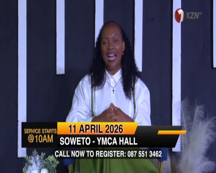 A woman in a white shirt and green dress speaks animatedly, her hands clasped. A graphic overlay announces a service starting at 10 AM on April 11, 2026, in Soweto at the YMCA Hall, with a registration number provided. A woman in a white shirt and green dress speaks animatedly, her hands clasped. A graphic overlay announces a service starting at 10 AM on April 11, 2026, in Soweto at the YMCA Hall, with a registration number provided.