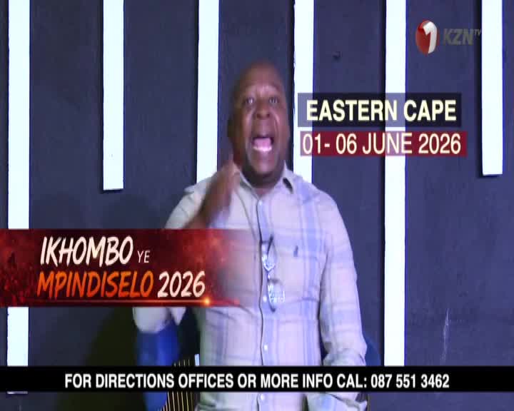 A man in a plaid shirt speaks animatedly, his mouth open wide. A graphic overlay announces "EASTERN CAPE 01-06 JUNE 2026" and "IKHOMBO YE MPINDISELO 2026" in bold lettering.