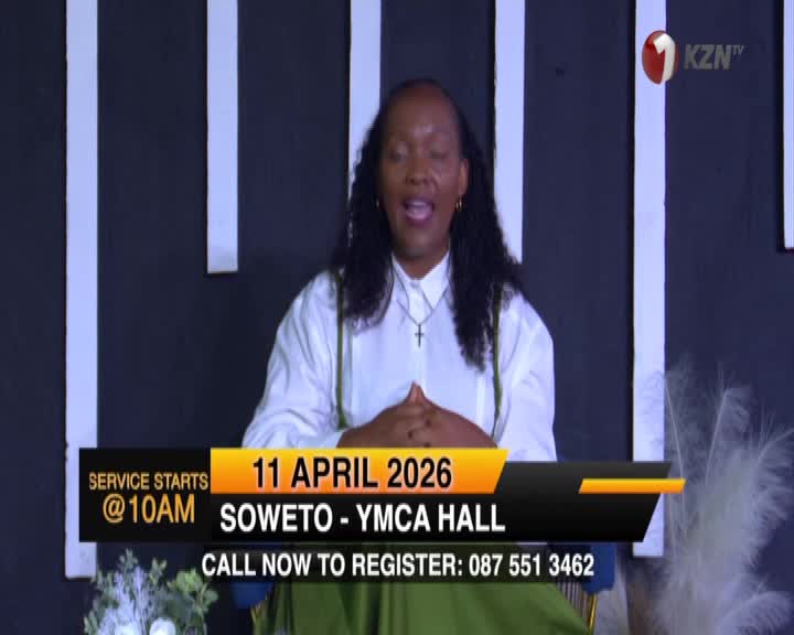 A woman speaks from behind a podium, her hands clasped. A KZN TV graphic announces a service starting at 10 AM in Soweto.