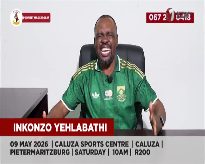 A man in a green and gold jersey shouts with his eyes closed, his hands gesturing. The screen displays "INKONZO YEHLABATHI" and details for an event in Pietermaritzburg.