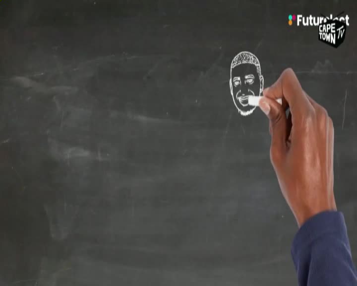 A hand is drawing a simple portrait with chalk on a dark surface, likely a blackboard, as the Cape Town TV logo is in the corner. The drawing is of a man's face, and it's still being finished.
