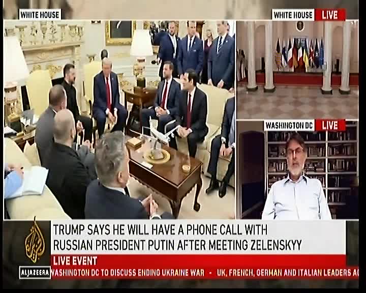 On Cape Town TV, a split screen shows a live interview from Washington, D.C., while a White House meeting unfolds on the other side. The news ticker states Trump's intention to speak with Putin.
