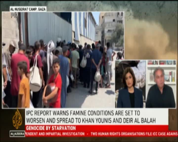 A large crowd of people, many with bags, are gathered in front of a building. The news report on Cape Town TV highlights the severity of famine conditions in Gaza.
