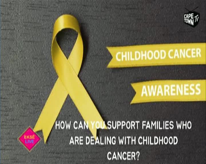 A bright yellow ribbon, a symbol of awareness, sits prominently against a dark background, alongside text from Cape Town TV. The screen poses a question about supporting families affected by childhood cancer.
