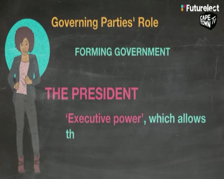 A cartoon woman stands in front of text explaining the role of governing parties, as seen on Cape Town TV. The words "The President" are highlighted in pink, and the phrase "Executive power" is written below.
