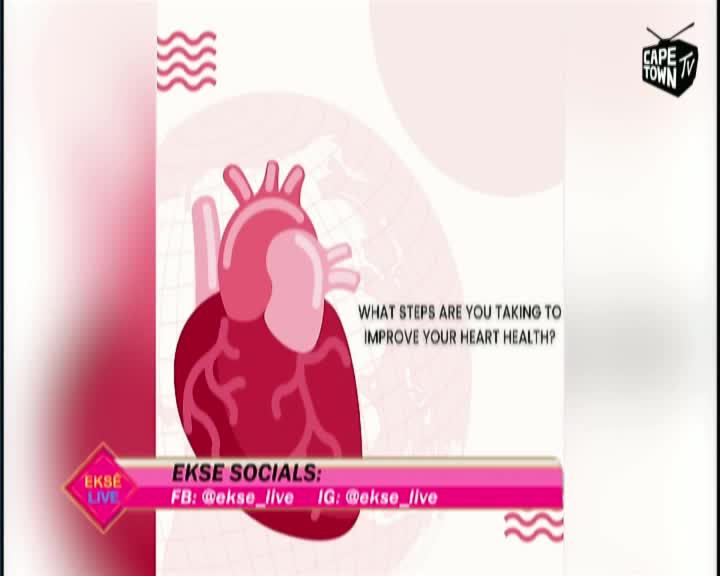 A large, cartoon heart dominates the screen, with a question about heart health displayed below. The Cape Town TV logo sits in the corner, and a pink banner promotes "EKSE LIVE" on social media.
