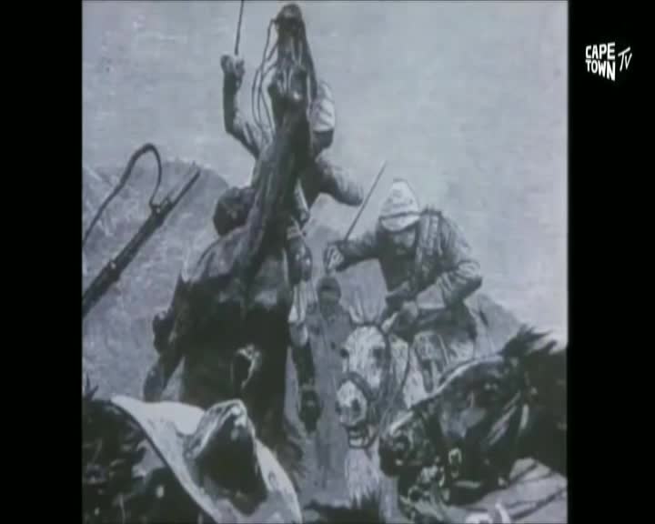 A mounted soldier in a pith helmet leans forward, sword raised, as his horse surges ahead. Another rider, also on horseback, struggles with a fallen figure on the ground. A mounted soldier in a pith helmet leans forward, sword raised, as his horse surges ahead. Another rider, also on horseback, struggles with a fallen figure on the ground.