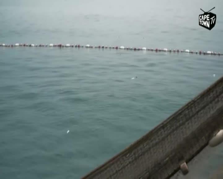 A long line of buoys stretches across the choppy grey water. A wooden railing, possibly from a boat, juts into the frame from the right. A long line of buoys stretches across the choppy grey water. A wooden railing, possibly from a boat, juts into the frame from the right.