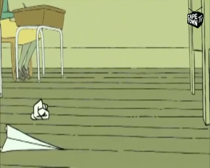 A crumpled piece of paper lies on the floor next to a paper airplane. A student's legs are visible beneath a desk, and the Cape Town TV logo appears in the corner.