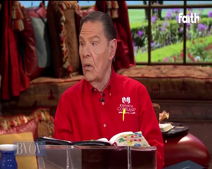 The man in the red shirt stares directly ahead, his eyes wide. He's seated, with a Bible open on the table in front of him, and the Faith TV logo is visible in the corner.
