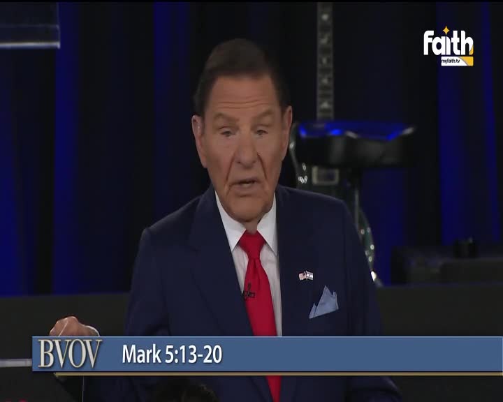 A man in a blue suit and red tie speaks, his hand resting on a lectern. The Faith TV logo is visible, and a lower third displays "BVON" and a Bible verse.
