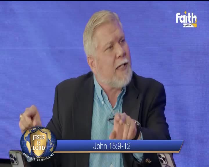 A man with a white beard and a dark jacket gestures emphatically while speaking. The Faith TV logo is visible in the corner, and a banner below cites John 15:9-12.
