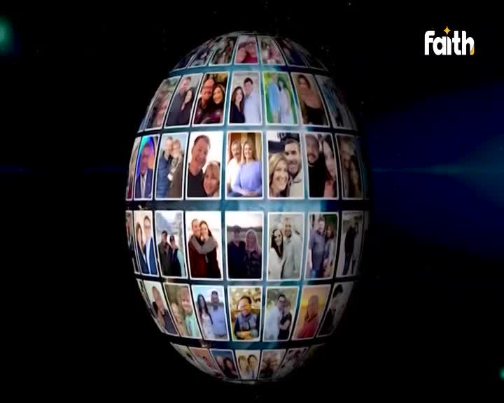 A globe, covered in small family photos, slowly spins against a dark background. The Faith TV logo is visible in the corner, indicating it's part of a broadcast.
