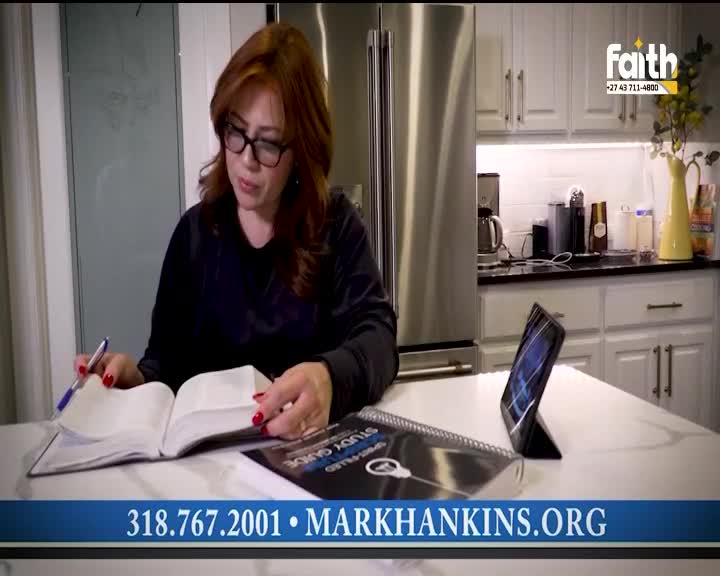 A woman with red hair and glasses, seated at a kitchen counter, turns the pages of a large book. A tablet and a study guide are also on the table, and the *Faith* TV logo is visible in the corner.
