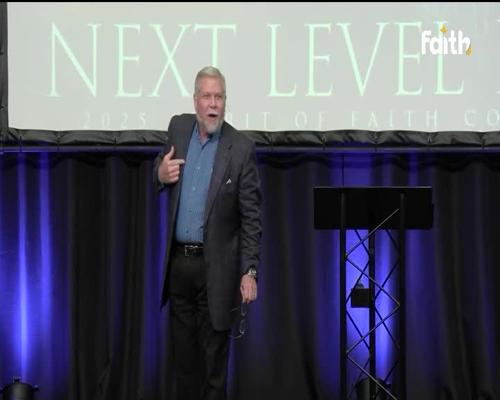 A man in a suit gestures towards himself, speaking on a stage with a "Next Level" banner. The Faith TV logo is visible in the corner.

