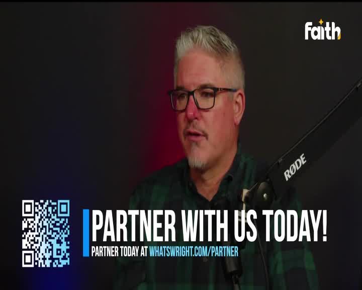 A man with salt-and-pepper hair and glasses speaks into a microphone, his plaid shirt a deep green. The Faith TV logo appears in the upper right corner, while a QR code and "PARTNER WITH US TODAY!" flash on the screen.