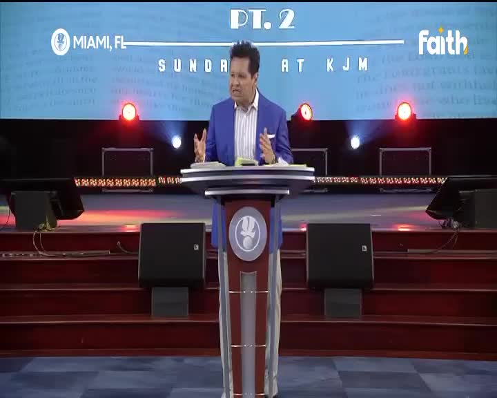 A man in a bright blue suit gestures with both hands while speaking from a podium. The Faith TV logo appears on a screen behind him, alongside text indicating "Miami, FL" and "Sunday."