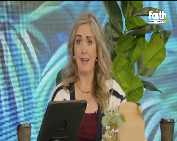 A woman with blonde hair, wearing a striped cardigan, speaks animatedly. A Faith TV logo appears in the upper right corner, and a tablet sits before her.