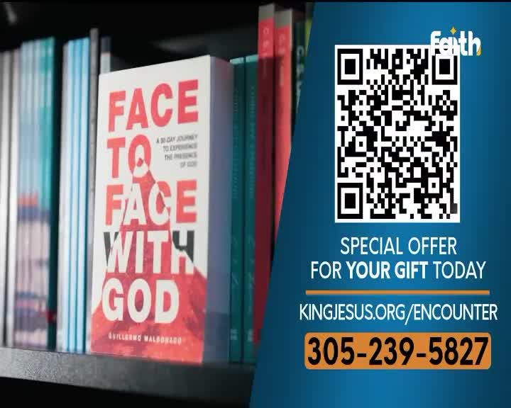 A book titled "Face to Face with God" sits on a shelf. A QR code and contact information for Faith TV are displayed.