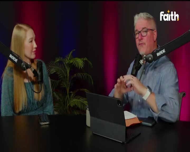 A woman with long blonde hair, wearing a teal top, is speaking into a microphone. Beside her, a man with glasses and a blue shirt gestures with his hands as he talks. The Faith TV logo is visible in the corner. A woman with long blonde hair, wearing a teal top, is speaking into a microphone. Beside her, a man with glasses and a blue shirt gestures with his hands as he talks. The Faith TV logo is visible in the corner.