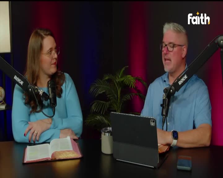 A woman in a blue sweater looks thoughtfully to her right, her hands resting on an open Bible. Beside her, a man in a blue shirt speaks into a microphone, his gaze directed forward. The Faith TV logo appears in the upper right corner. A woman in a blue sweater looks thoughtfully to her right, her hands resting on an open Bible. Beside her, a man in a blue shirt speaks into a microphone, his gaze directed forward. The Faith TV logo appears in the upper right corner.