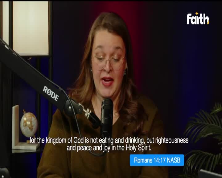 A woman speaks into a microphone, her words appearing on screen as a Bible verse. The Faith TV logo is visible in the corner. A woman speaks into a microphone, her words appearing on screen as a Bible verse. The Faith TV logo is visible in the corner.