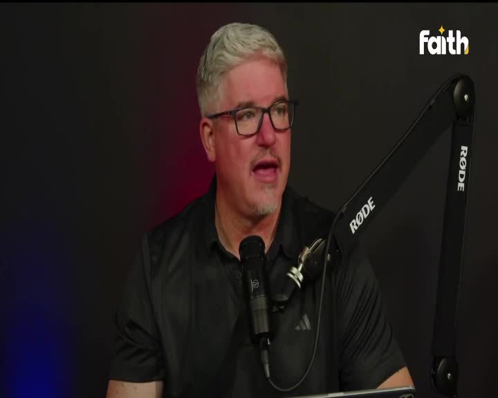 A man with grey hair and glasses is speaking into a microphone, his mouth open. The Faith TV logo appears in the top right corner of the screen.
