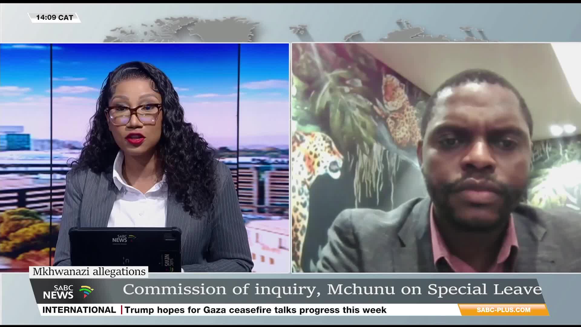 On SABC News, a presenter in a grey suit and glasses is speaking, while a man in a blazer appears on the screen, likely being interviewed. The chyron below mentions a commission of inquiry and "Mchunu on Special Leave."
