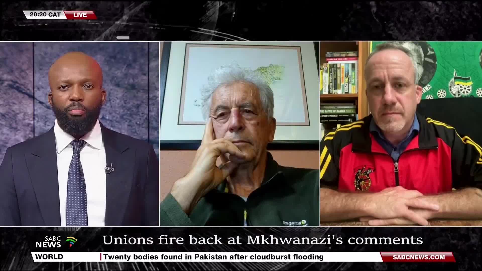 Three men are framed on-screen, each appearing to be in a separate location. The SABC News logo is visible at the bottom, and the headline "Unions fire back at Mkhwanazi's comments" is displayed.
