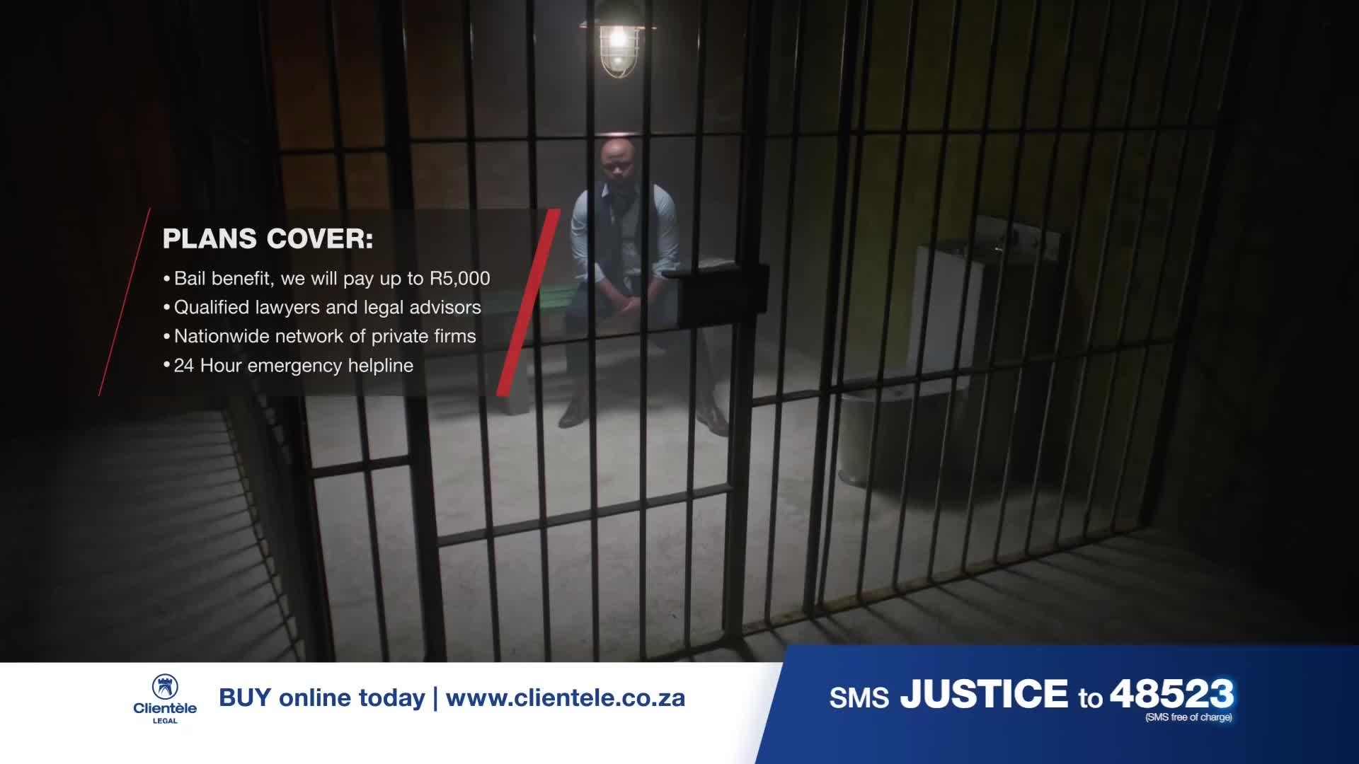 A man sits on a bench inside a jail cell, the bars of the cell door blocking the view. The scene is part of an advertisement from Clientele, a South African company, offering bail benefits.

