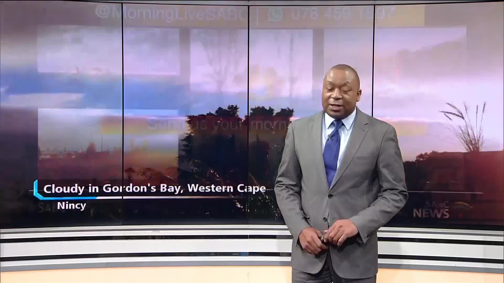 A man in a grey suit stands in front of a screen, speaking on SABC News. Behind him, the backdrop shows a cloudy scene in Gordon's Bay, Western Cape.
