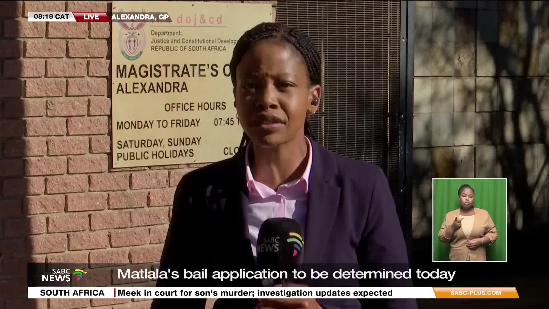 An SABC News journalist stands outside the Magistrate's Court in Alexandra, microphone in hand, reporting live. The headline on the screen says Matlala's bail application will be determined today.
