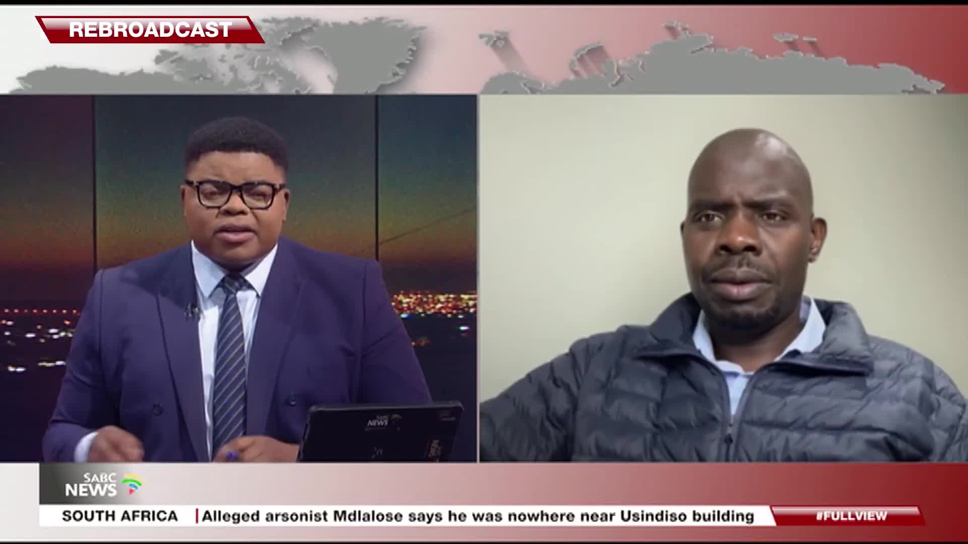 On SABC News, a man in a suit is speaking, while another man in a padded jacket appears on the screen, looking intently at the camera. The bottom of the screen displays a South Africa news headline about an alleged arsonist.
