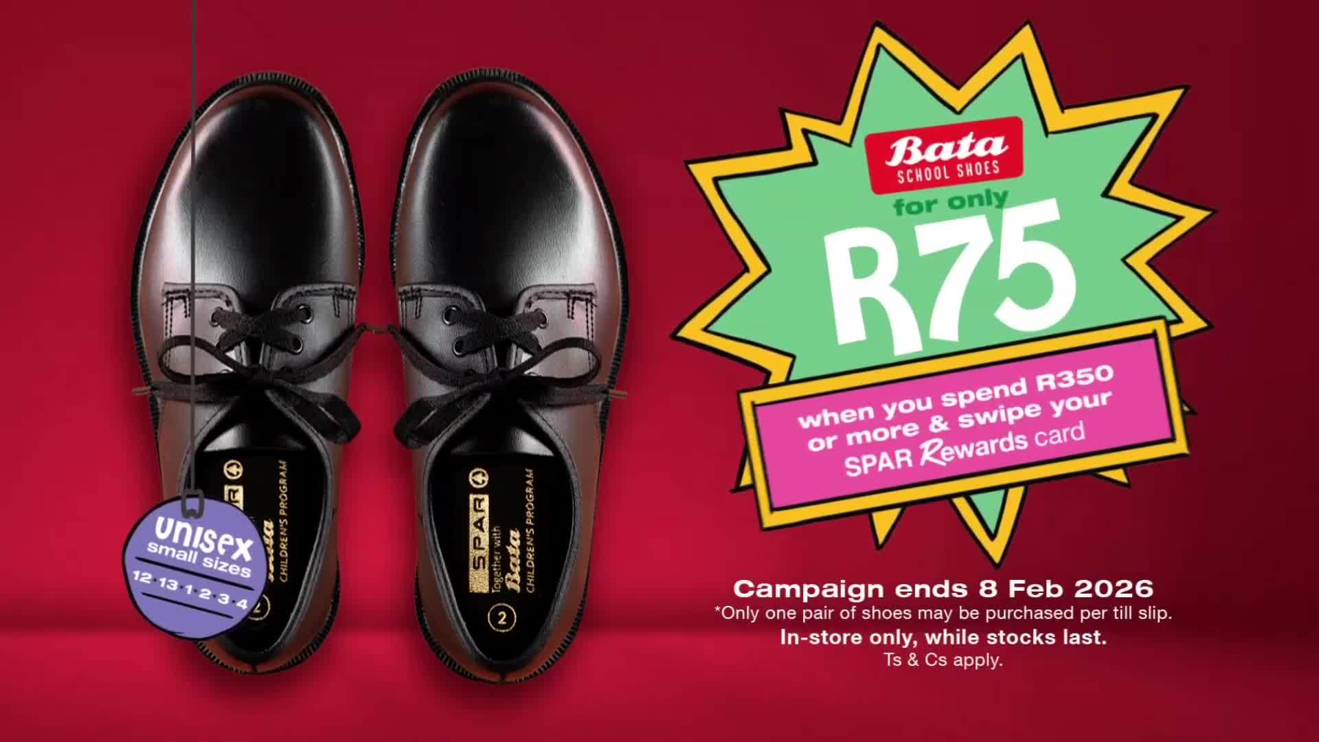 A pair of shiny black school shoes hangs by their laces. A bright green starburst announces "Bata School Shoes for only R75" with the condition of spending R350 and swiping a SPAR Rewards card.