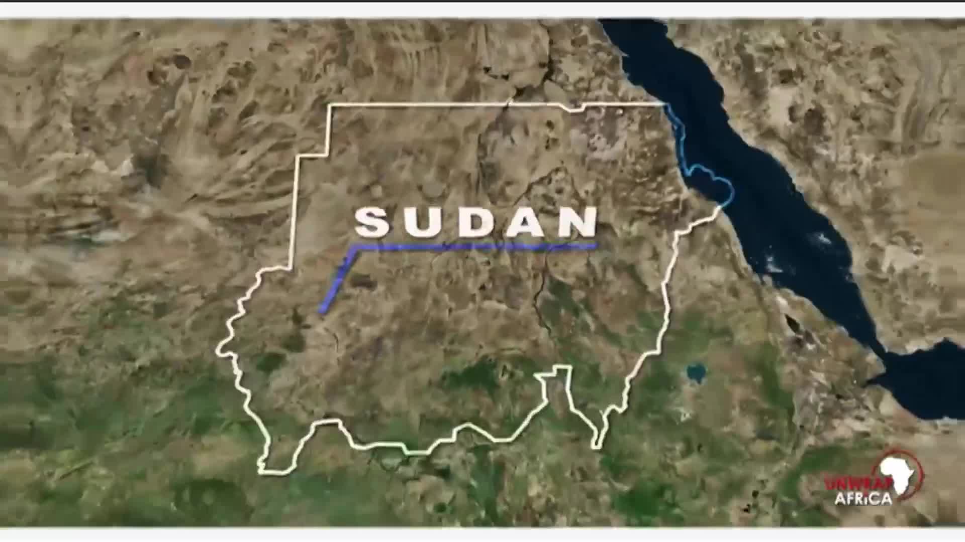 The map of Sudan is displayed, with a blue line indicating a route across its arid landscape. A SABC News Africa logo appears in the bottom right corner.