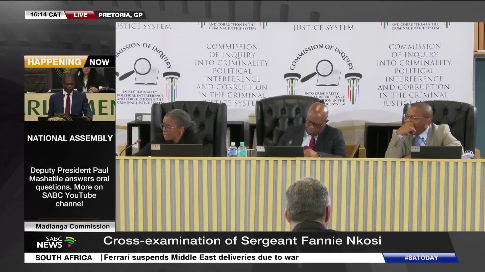The Madlanga Commission is cross-examining Sergeant Fannie Nkosi. Deputy President Paul Mashatile is answering oral questions in the National Assembly.