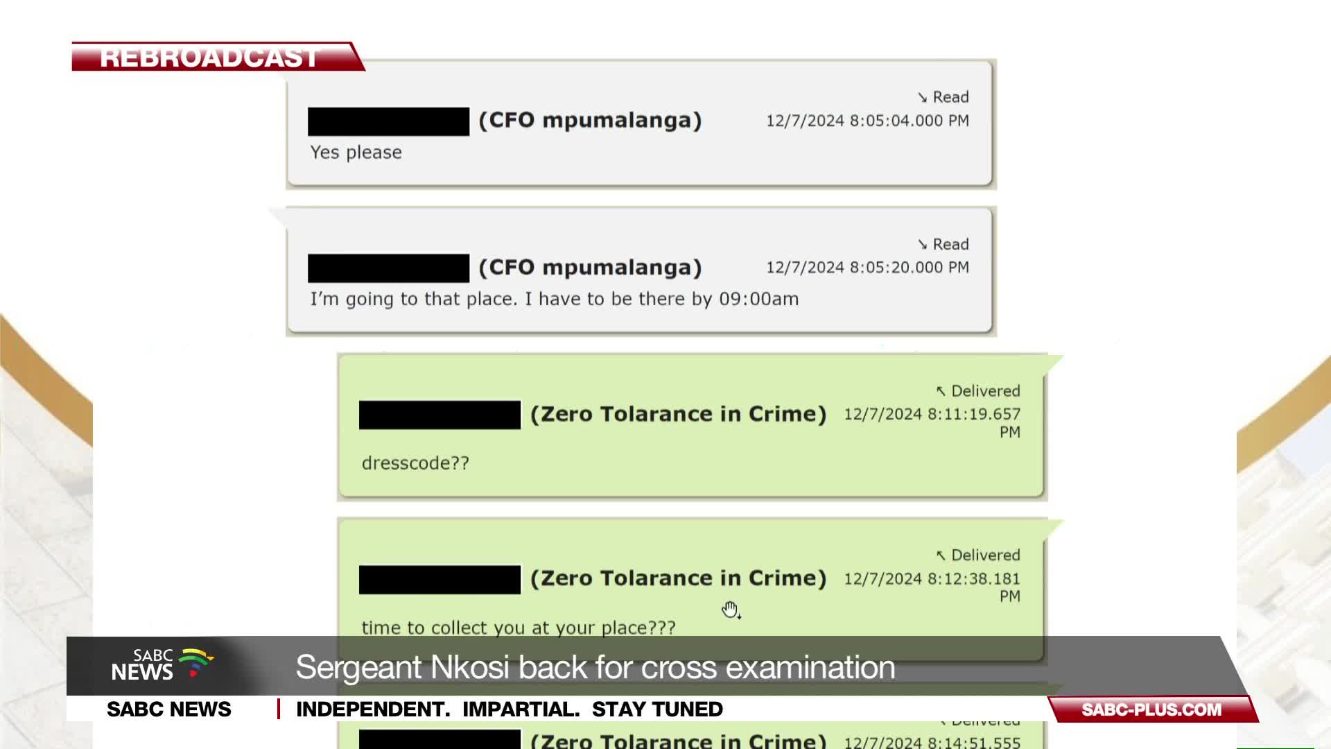 The SABC News headline announces Sergeant Nkosi is back for cross-examination. A screen displays text messages, one from "(CFO mpumalanga)" stating, "I'm going to that place. I have to be there by 09:00am."